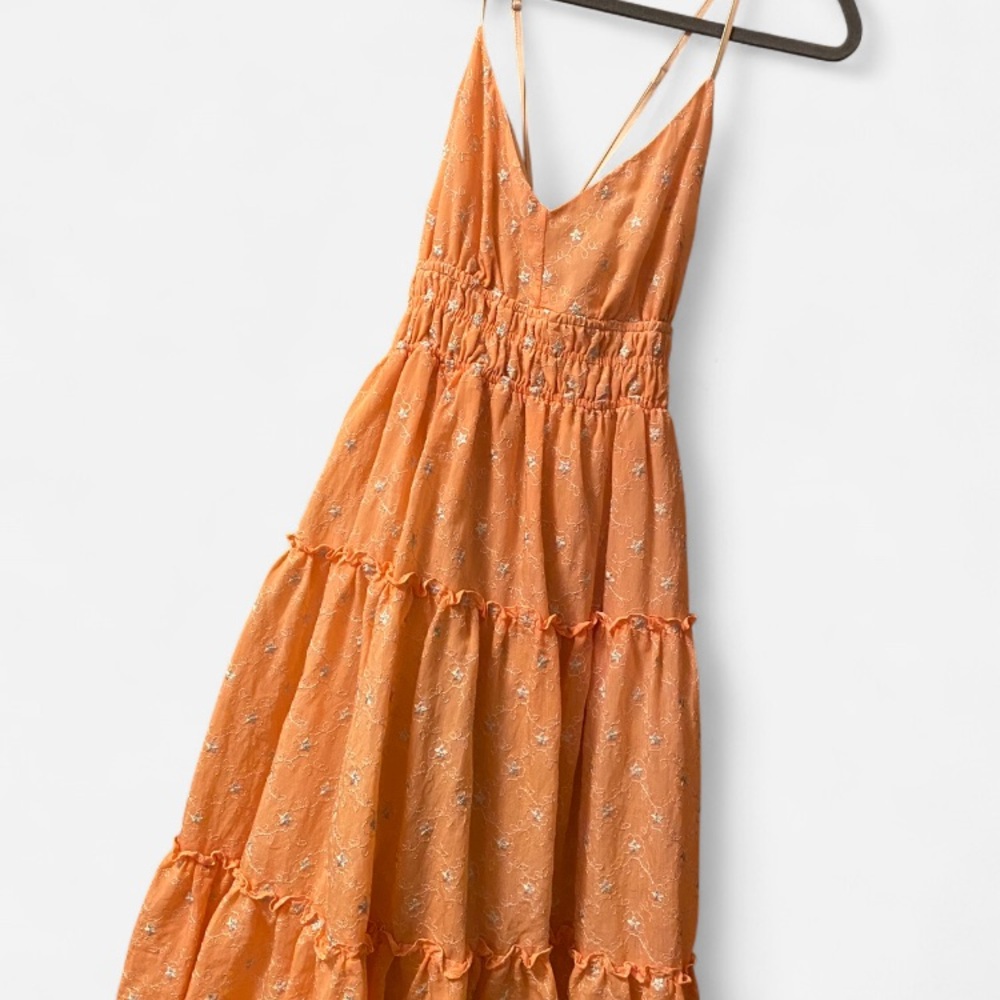 Floral Embroidered Orange Tiered Dress